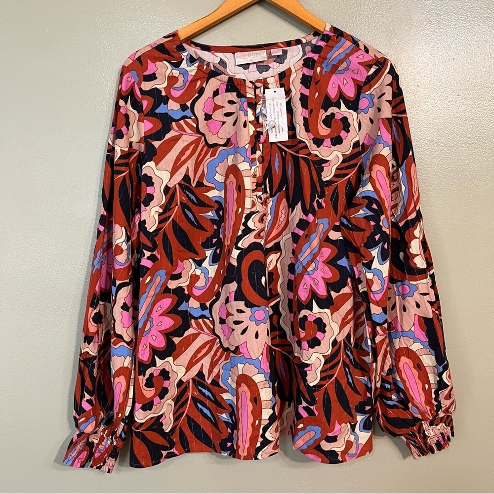Belle Boho Kim Grauel Floral Red Pink Long Ballon Sleeve Blouse Button L New